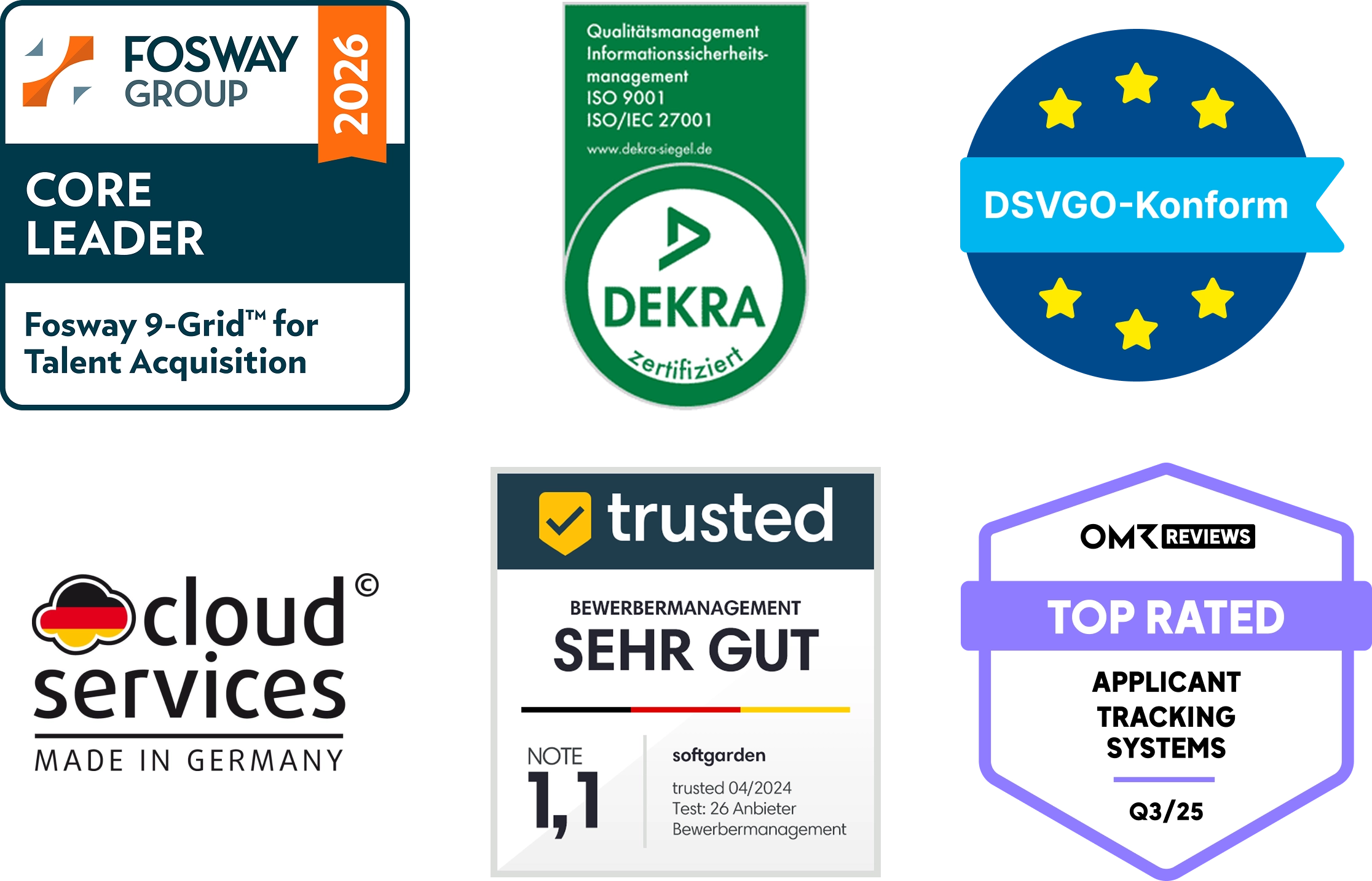Das Bild zeigt 6 Trust-Badges, die softgarden auszeichnen