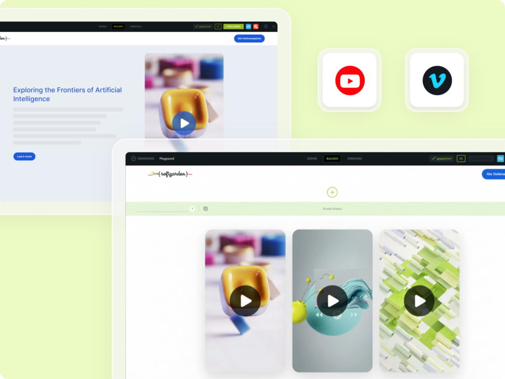 The screenshot shows two screens of softgardens career page with the option of integrating short videos