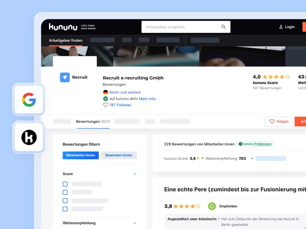 Screenshot einer Karriereseite von softgarden, die den Kununu-Score zeigt. 