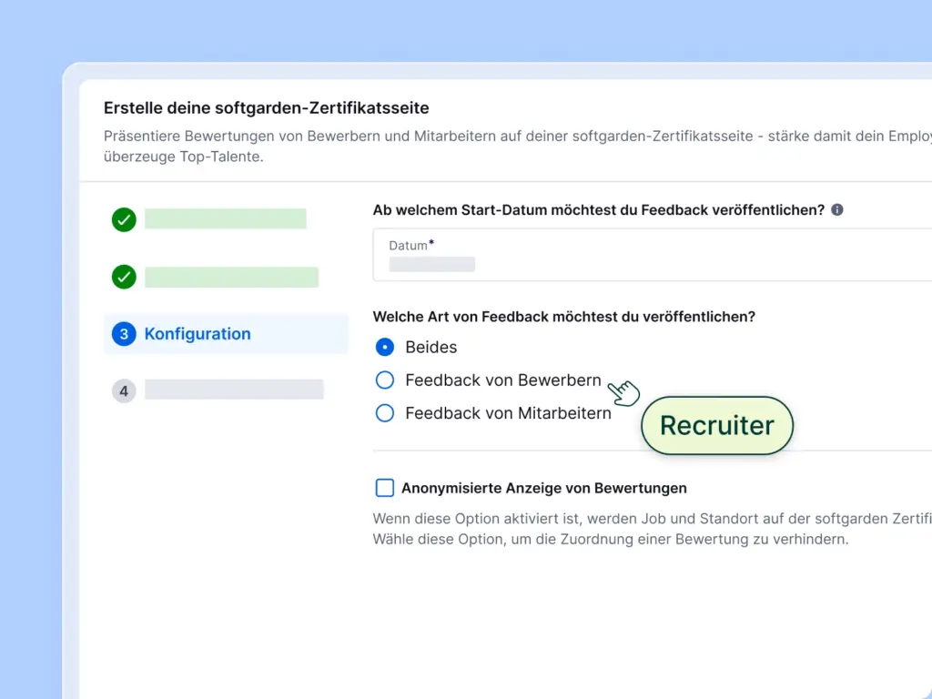 Screenshot einer Karriereseite von softgarden, welcher verschiedene Veröffentlichungs-Konfigurationen zeigt