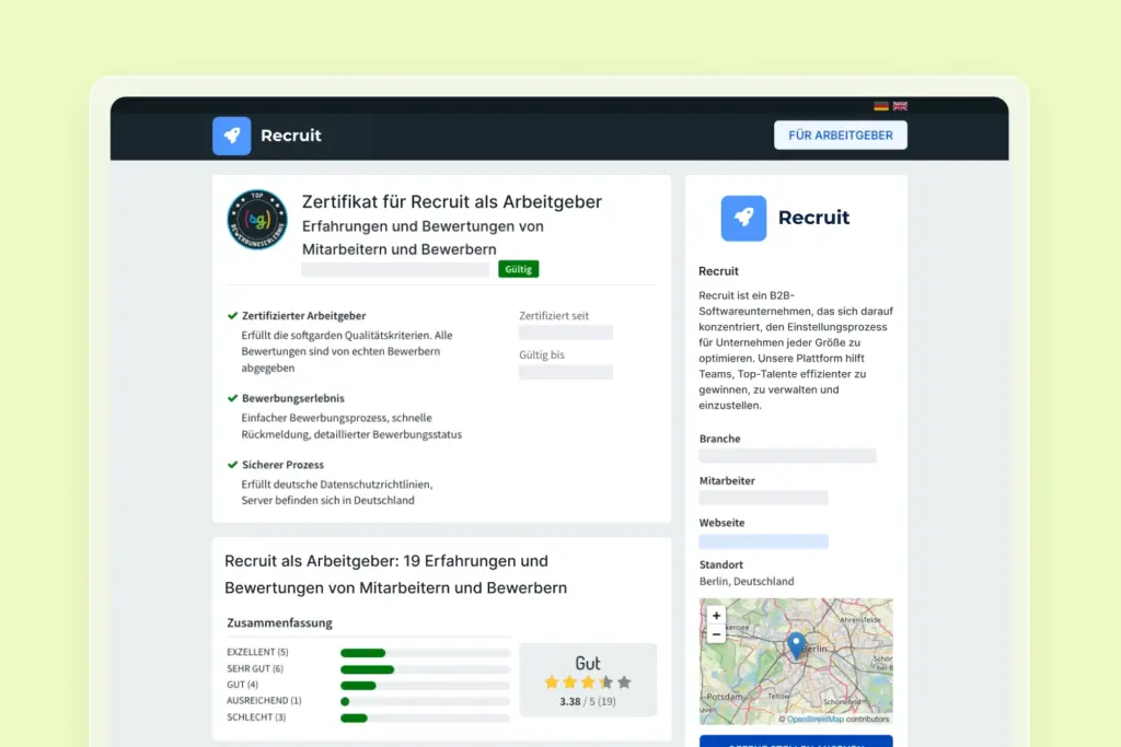 Screenshot einer Karriereseite von softgarden, der die Möglichkeit eines Arbeitgeberzertifikats zeigt