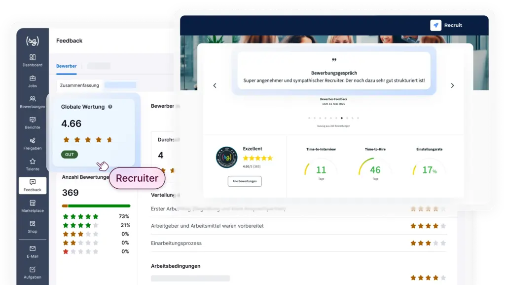 Mehrere Screenshot der Arbeitgeberbewertungs SOftware von softgarden, die die Funktion des Bewertungs-Score mit Sternchen zeigt