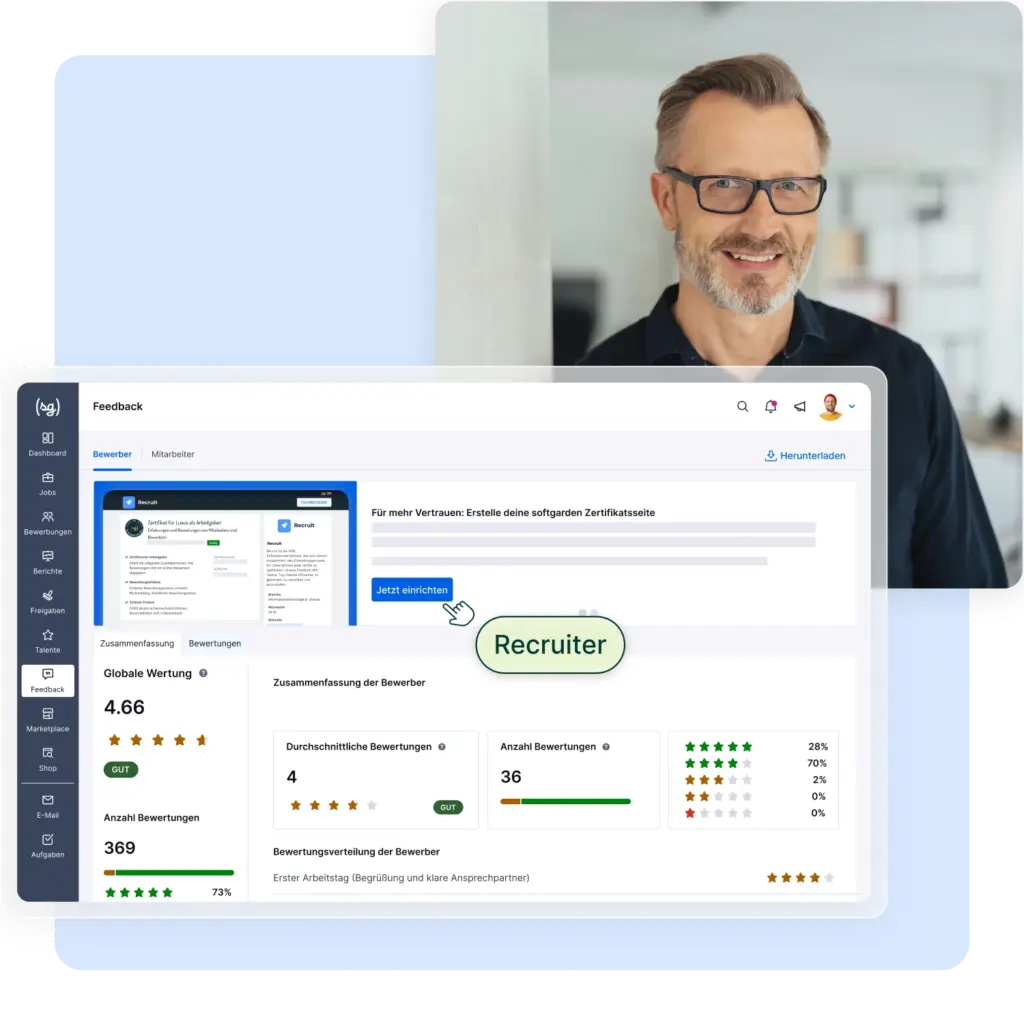 Screenshot der Arbeitgeber Software von softgarden mit einem lächelndem Mann im Hintergrund