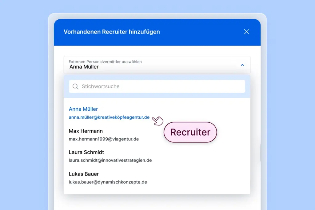Das Bild zeigt das Agency Modul von softgarden und wie man Recruiter hinzufügt