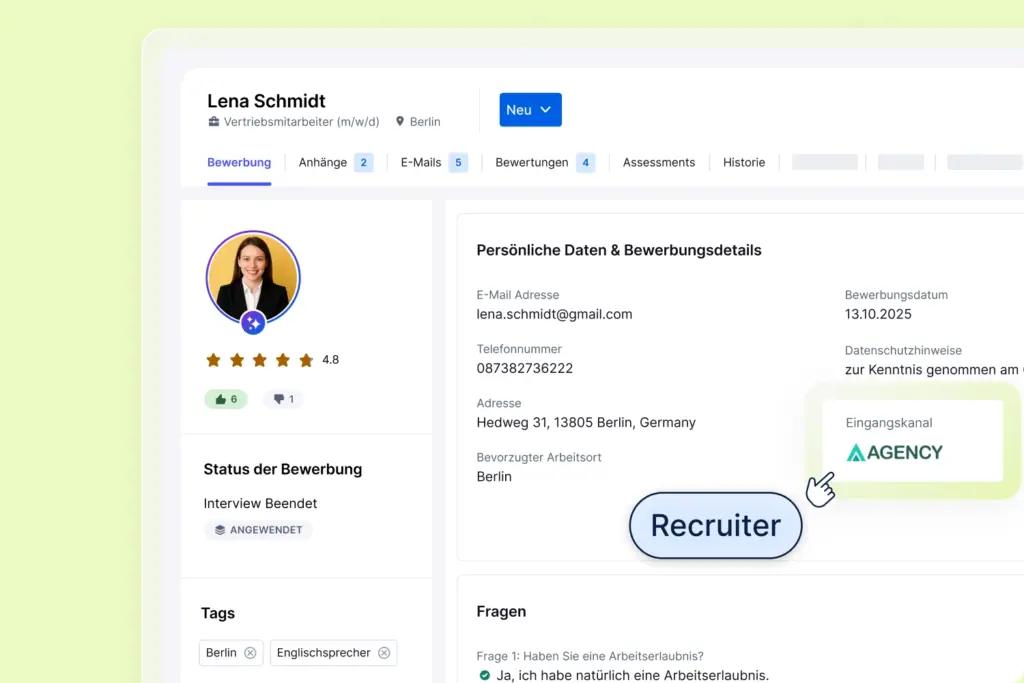 Das Bild zeigt, wie man im Agency Modul von softgarden eingehende Bewerbunge strukturiert.