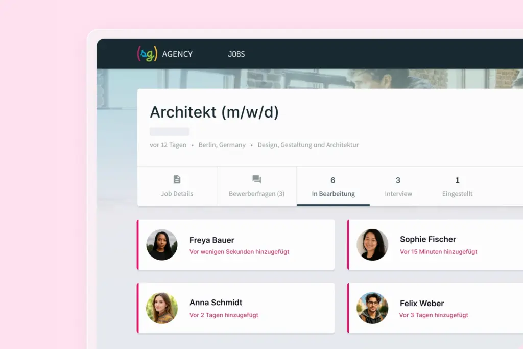 Das Bild zeigt, wie übersichtlich man alle Beteiligten den aktuellen Stand ihrer Kandidaten im Agency Modul von softgarden einsehen können