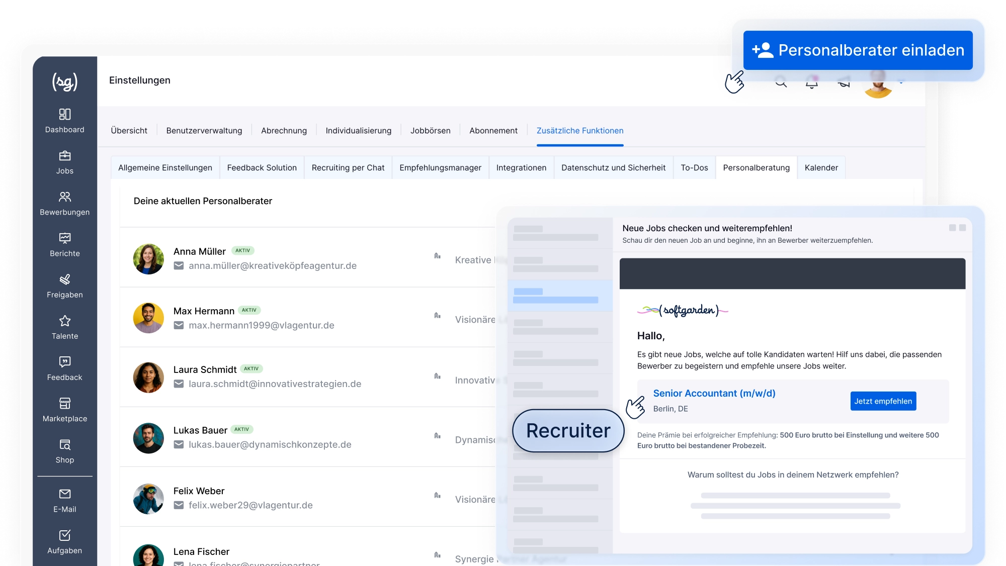 Das Bild zeigt das Agency Modul von softgarden und die Möglichkeit, Headhunter einzubinden