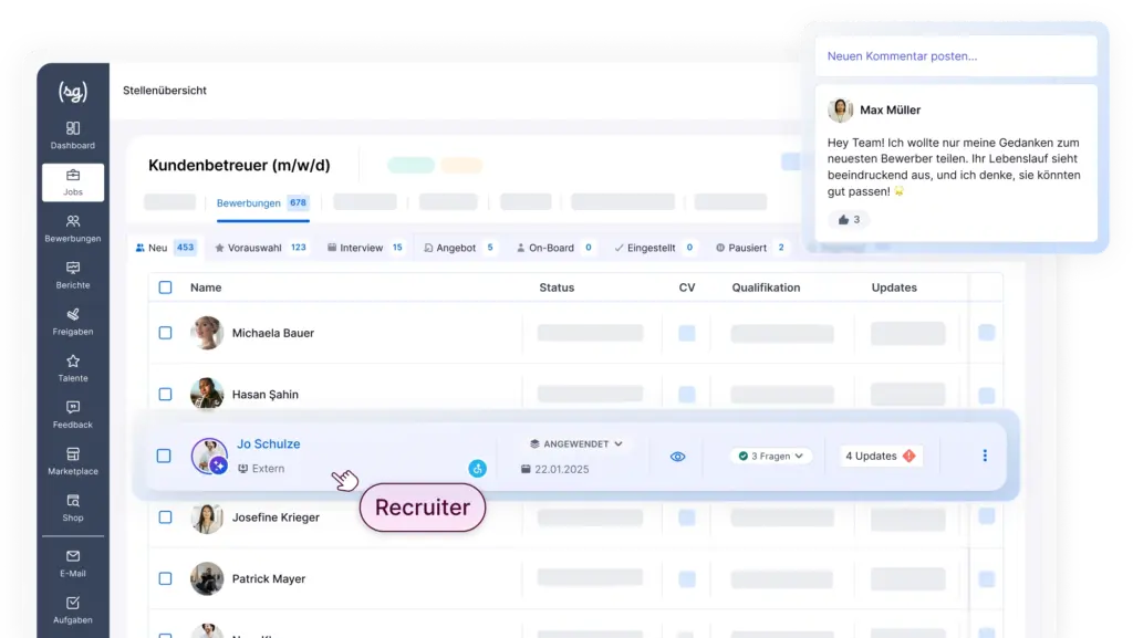 Screenshot der softgarden-Bewerbermanagementsoftware, der die Bewerberauswahl mit Kandidatenliste und Auswahlfunktionen zeigt.