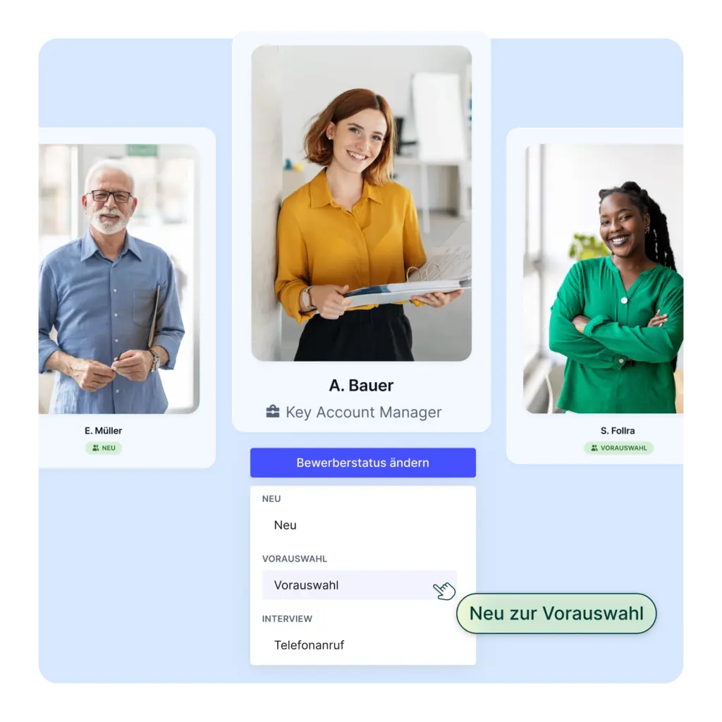 Das Bild zeigt eine Produktvisualisierung der aus Bewerbermanagement Software von softgarden mit drei Bewerbern