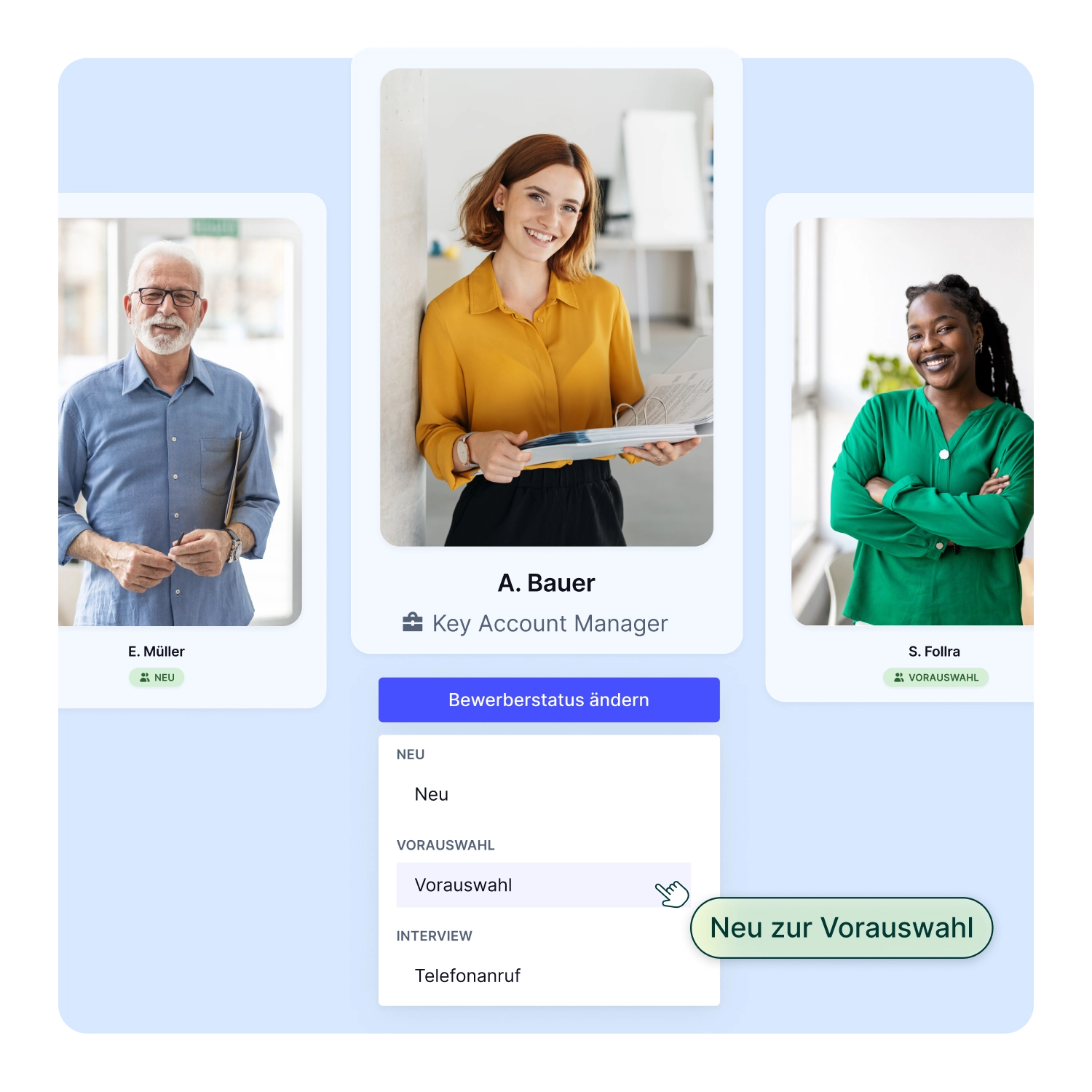 Das Bild zeigt eine Produktvisualisierung der aus Bewerbermanagement Software von softgarden mit drei Bewerbern