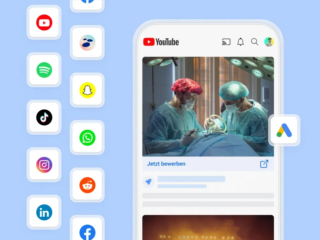 Das Bild zeigt Anzeigen bei Youtube und mehrere Social Media Icons