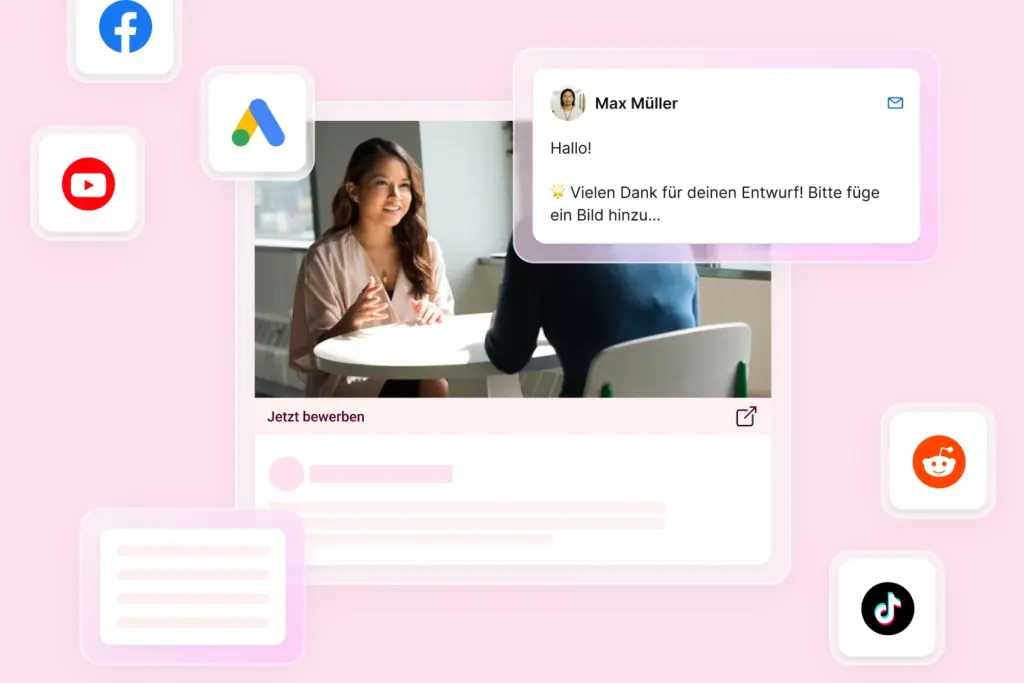 Das Bild zeigt schemenhafte Stellenanzeigen und verschiedene icons