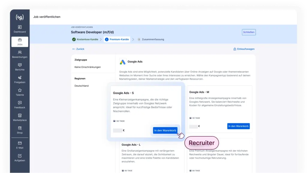 Das Bild zeigt Google Ads Anzeigen Einstellungen in der Bewerbermanagement-Software von softgarden.