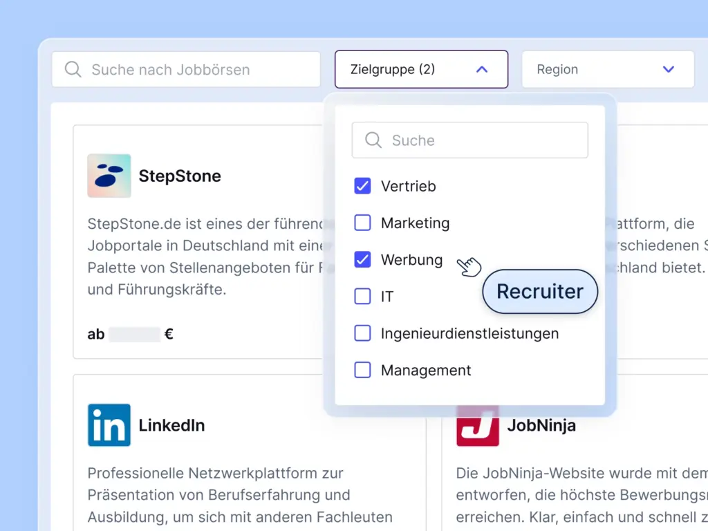 Der Screenshot zeigt die softgarden Software, mit der man Stellenanzeigen schalten kann und wie man bis zu 1200 Jobbörsen auswählt.