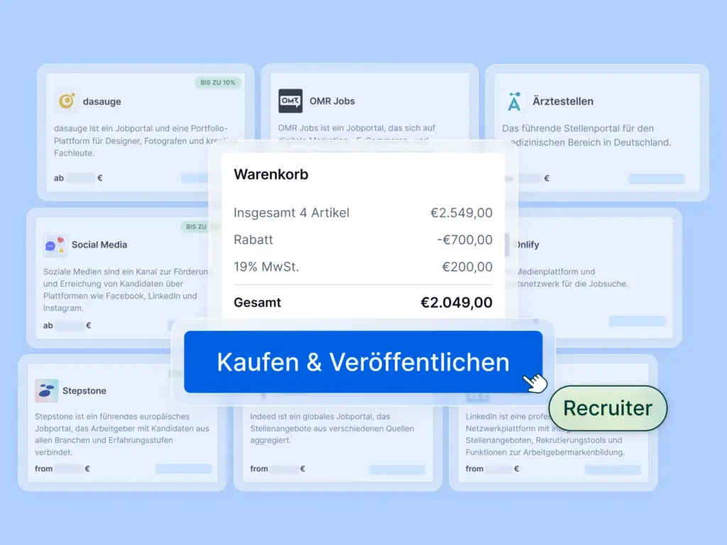 Der Screenshot zeigt die softgarden Software, mit der man Stellenanzeigen schalten kann und wie einfach der Bezahlvorgang ist.