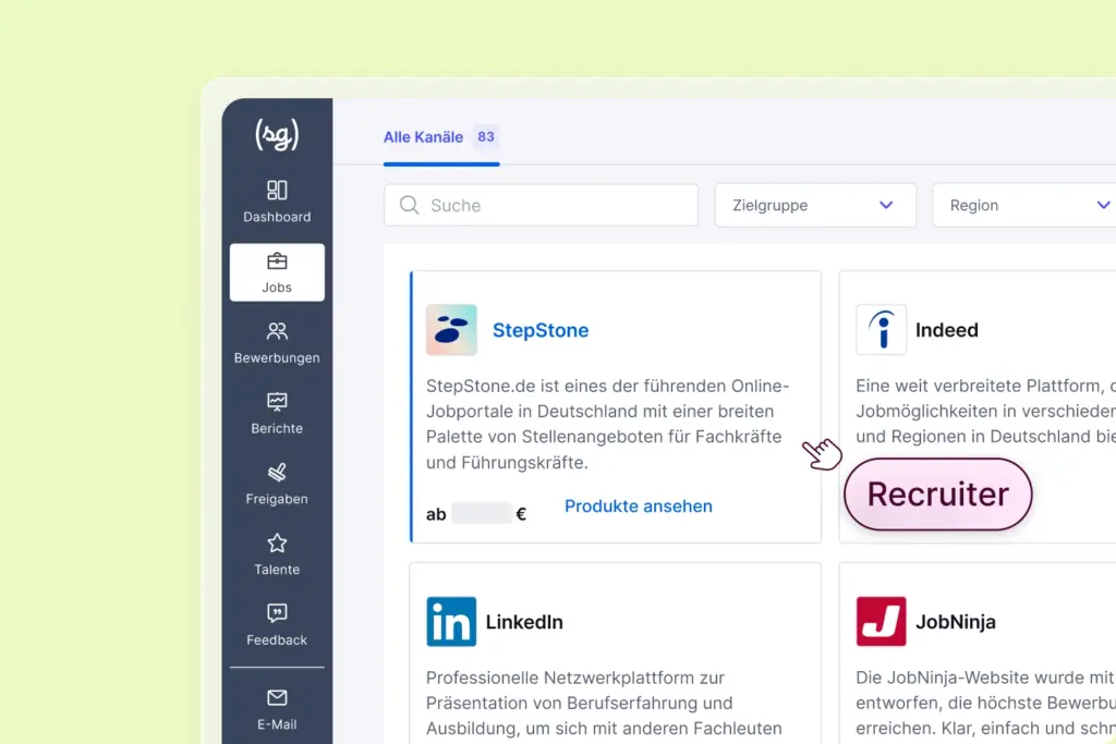 Der Screenshot zeigt verschiedene Pakete der softgarden Software, mit der man Stellenanzeigen schalten kann