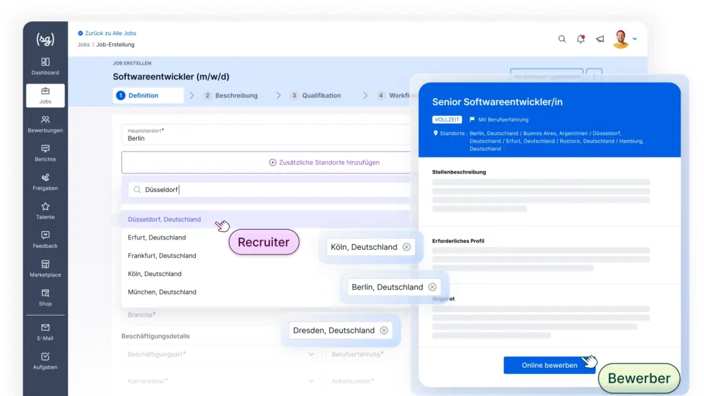 Der Screenshot zeigt die softgarden Software, mit der man Stellenanzeigen schalten kann.