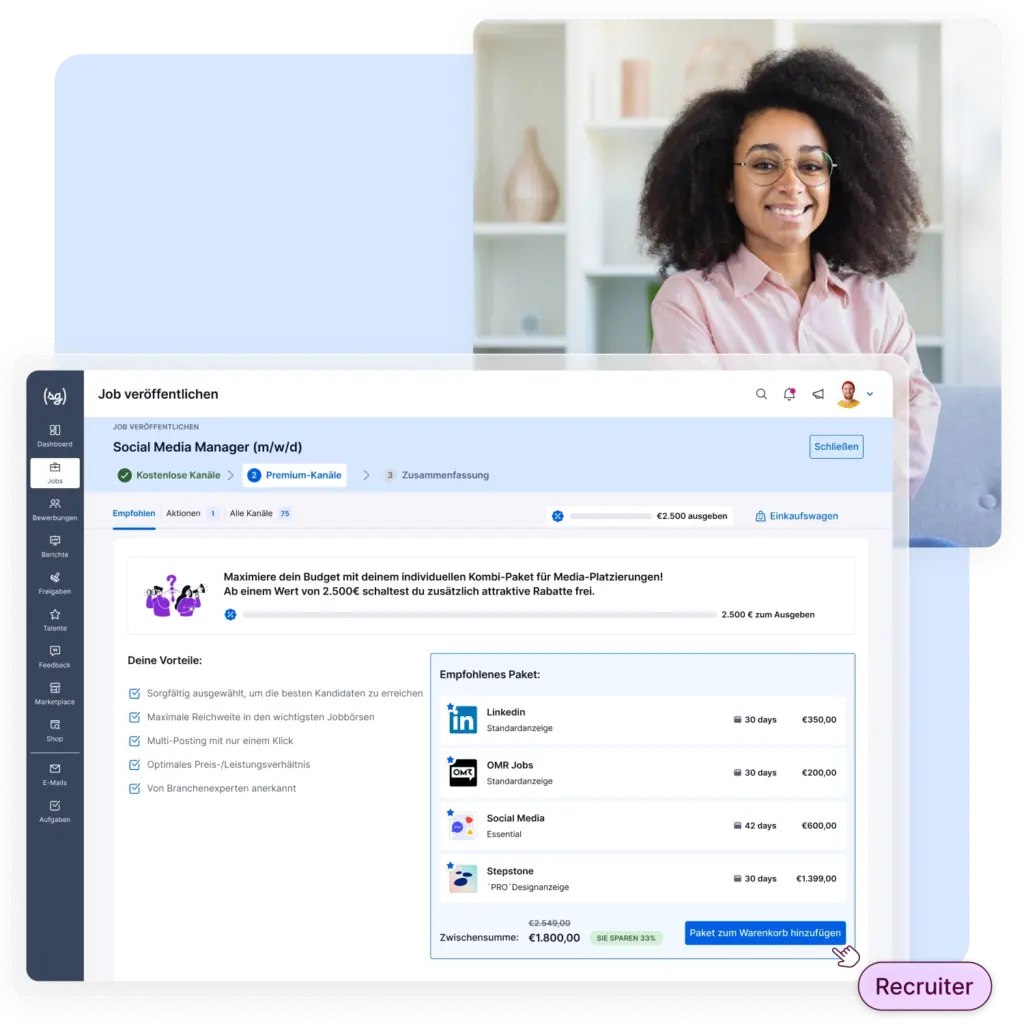 Der Screenshot zeigt, wie du mit softgarden Stellenanzeigen schaltest, während eine Frau im Hintergund lächelt.