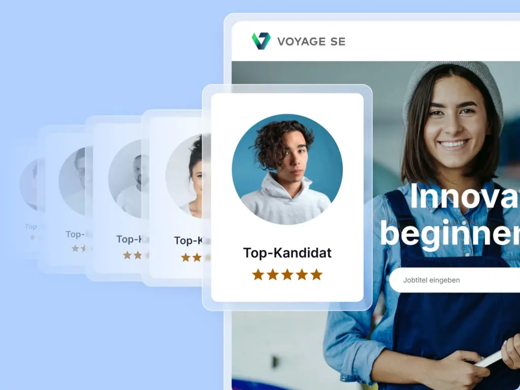 Close-up eines Teils einer softgarden Karriereseite mit stiliserten Karten, auf den Bewerber zu sehen sind