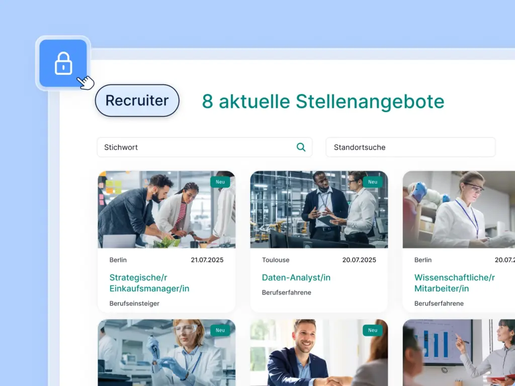 Ausschnitt aus der Übersicht von offenen Stellenanzeigen auf der Karriereseite. Es zeigt die Möglichkeit, die Seite von unerwünschten Besuchern zu schützen.