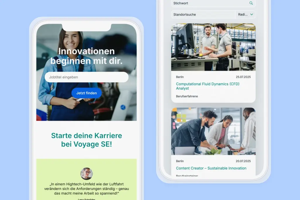 Zwei Screenshots von Beispiel-Karriereseiten von softgarden auf mobilen Endgeräten