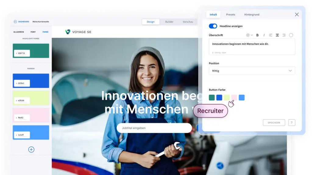 Screenshot der Einstellungsmöglichkeiten einer Karriereseite von softgarden, mit einer lächelden Frau im Hintergrund