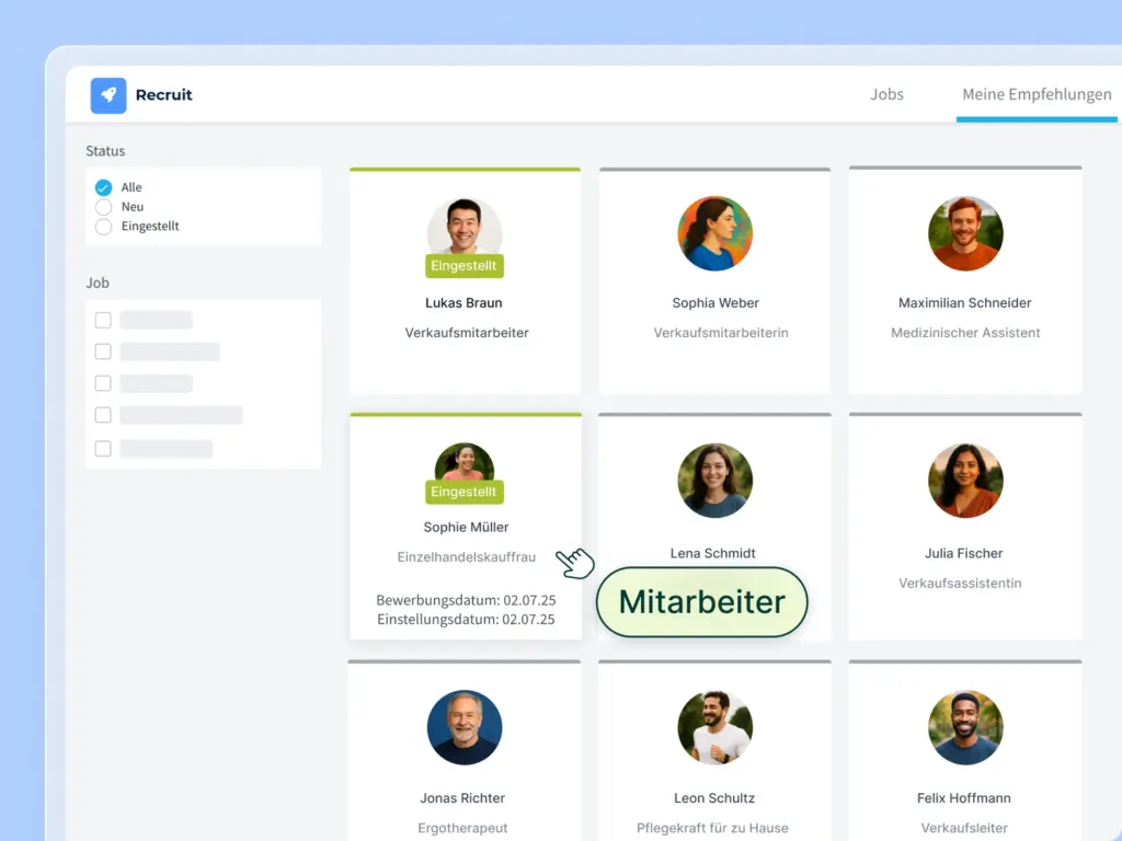 Screenshot des Mitarbeiterempfehlungsprogramm mit einer Übersicht über empfohlene Personen