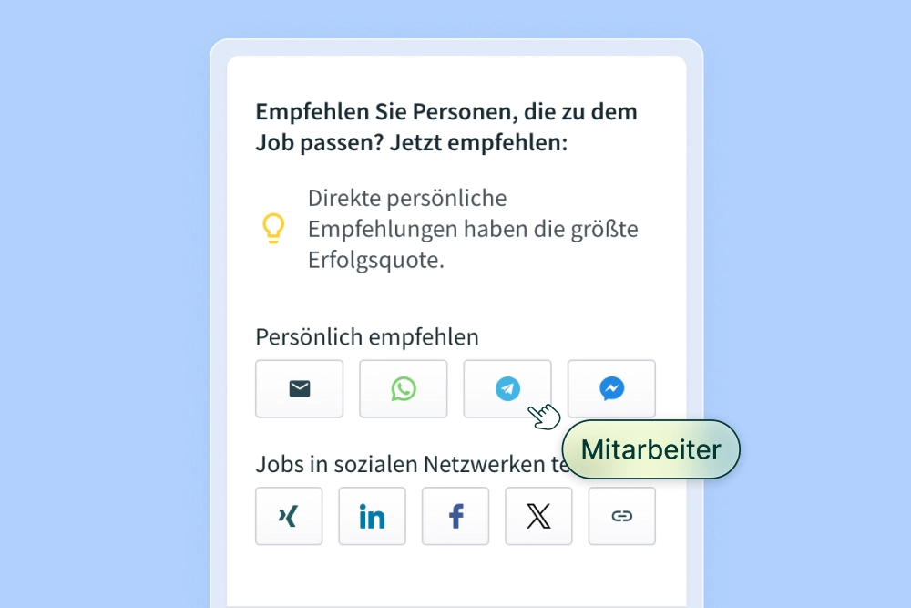 Das Bild zeigt, wie einfach man offene Stellen mit dem Mitarbeiterempfehlungsprogramm von softgarden teilt