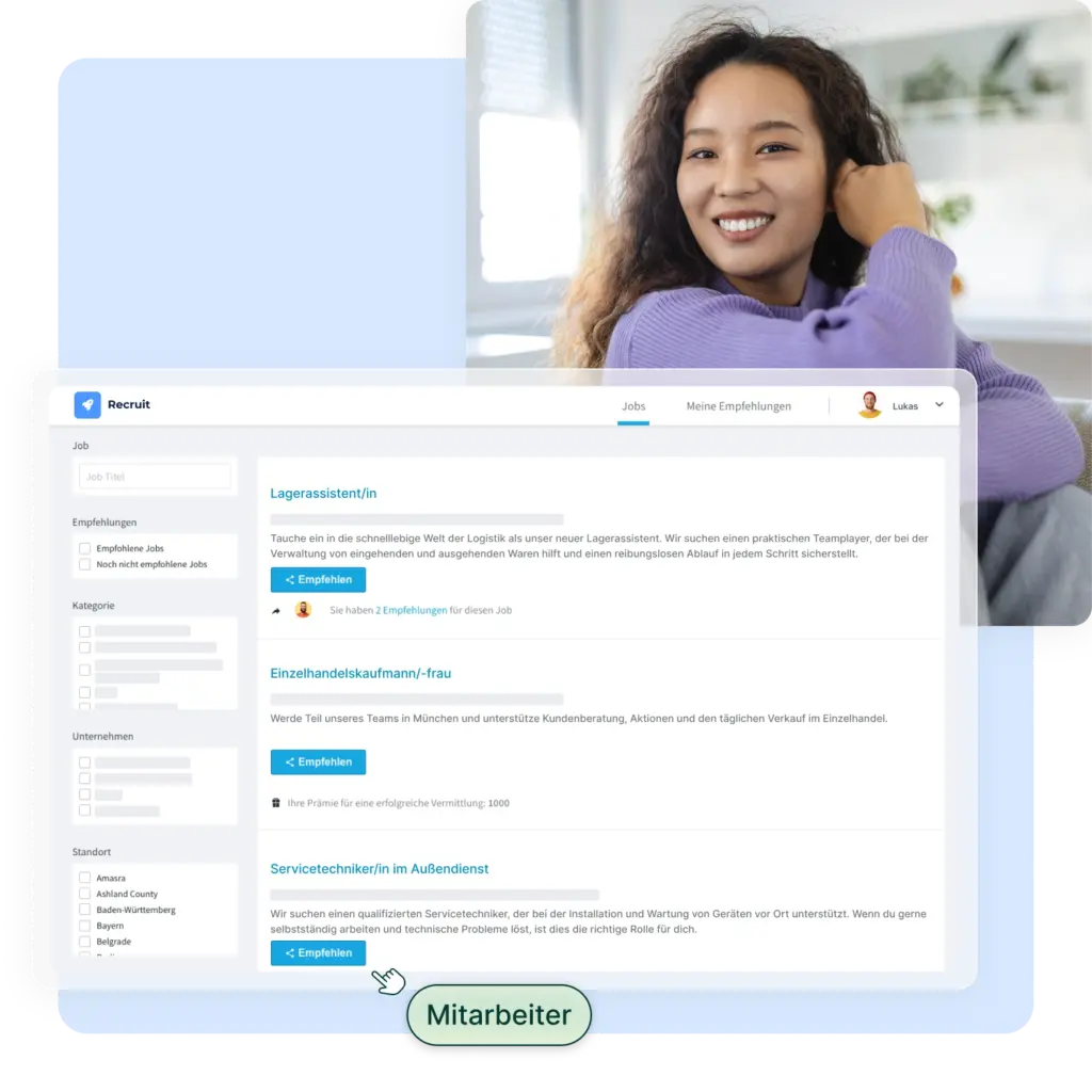 Das Bild zeigt das Mitarbeiterempfehlungsprogramm von softgarden und eine lächelnde Frau im Hintergrund