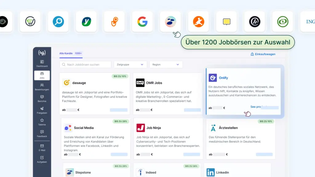 Die Visualisierung zeigt eine Auswahl von Jobbörsen, um Stellenanzeigen zu schalten