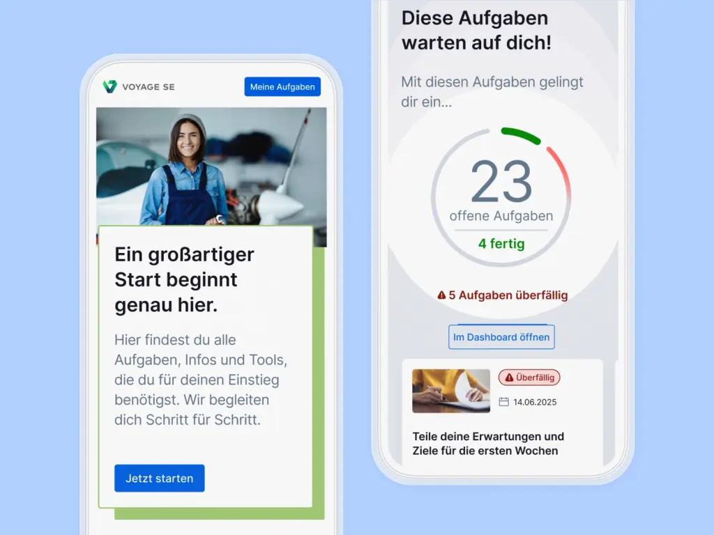 Das Bild zeigt die Onboarding Software von softgarden und die Willkommenseite auf mobilen Endgeräten.