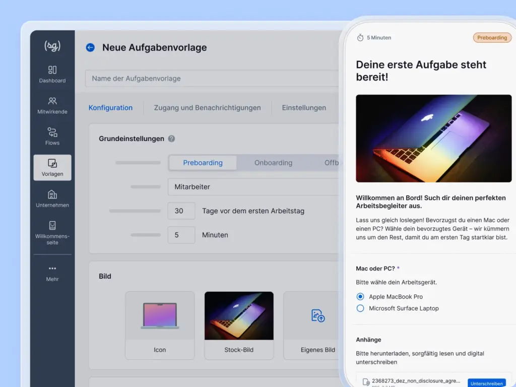 Das Bild zeigt die Oberfläche der Onboarding Software von softgarden
