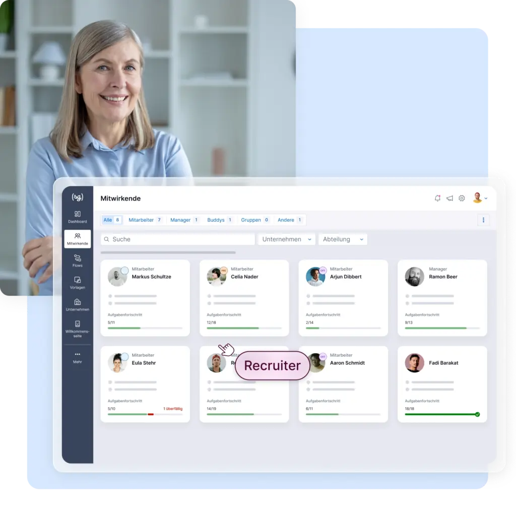 Das Bild zeigt die Onboarding Software von softgarden und eine lächelnde Frau im Hintergrund