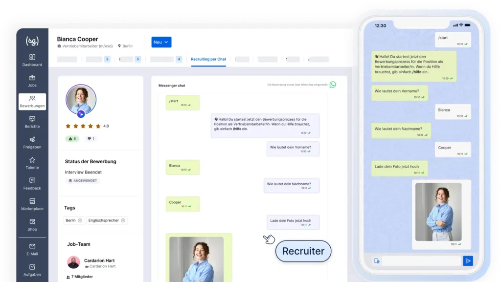 Das Bild zeigt die Funktion WhatsApp-Recruiting von softgarden und wie sie an das Bewerbermanagementsystem von softgarden angebunden ist
