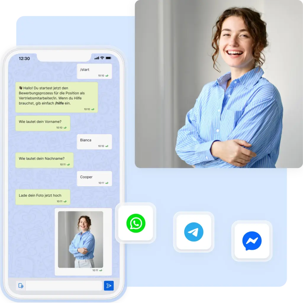 Das Bild zeigt die Funktion WhatsApp-Recruiting von softgarden auf einem mobilen Endgerät mit einer lächelnden Frau im Hintergrund