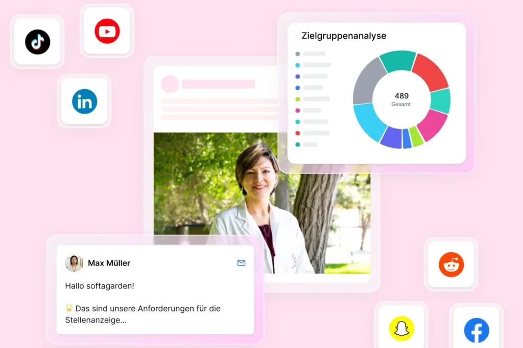 Der Screenshot zeigt das Social Recruiting von softgarden, mehrere Social Media Icon und eine schemenhafte Stellenanzeige mit einer lächelnden Frau.