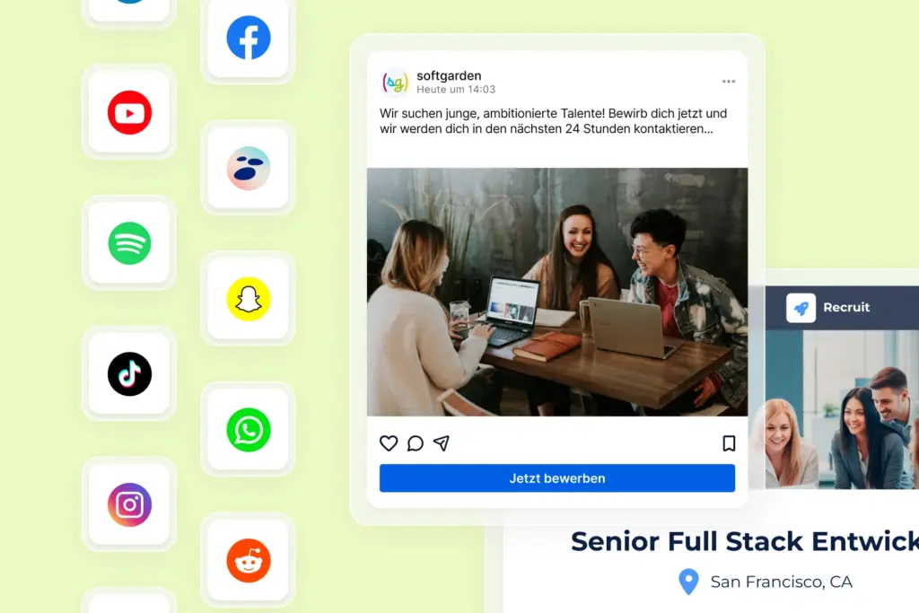Das Bild zeigt das Social Recruiting von softgarden und verschiedene Screens mit Icons und Social Media Posts