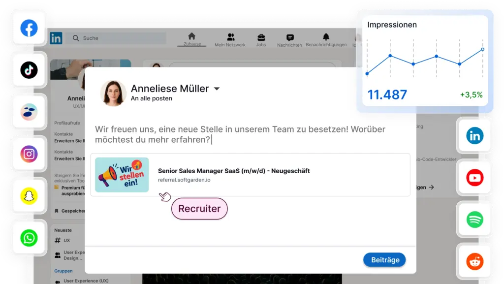 Das Bild zeigt das Social Recruiting von softgarden mit verschiedenen Dashboards und Social Media Icons.