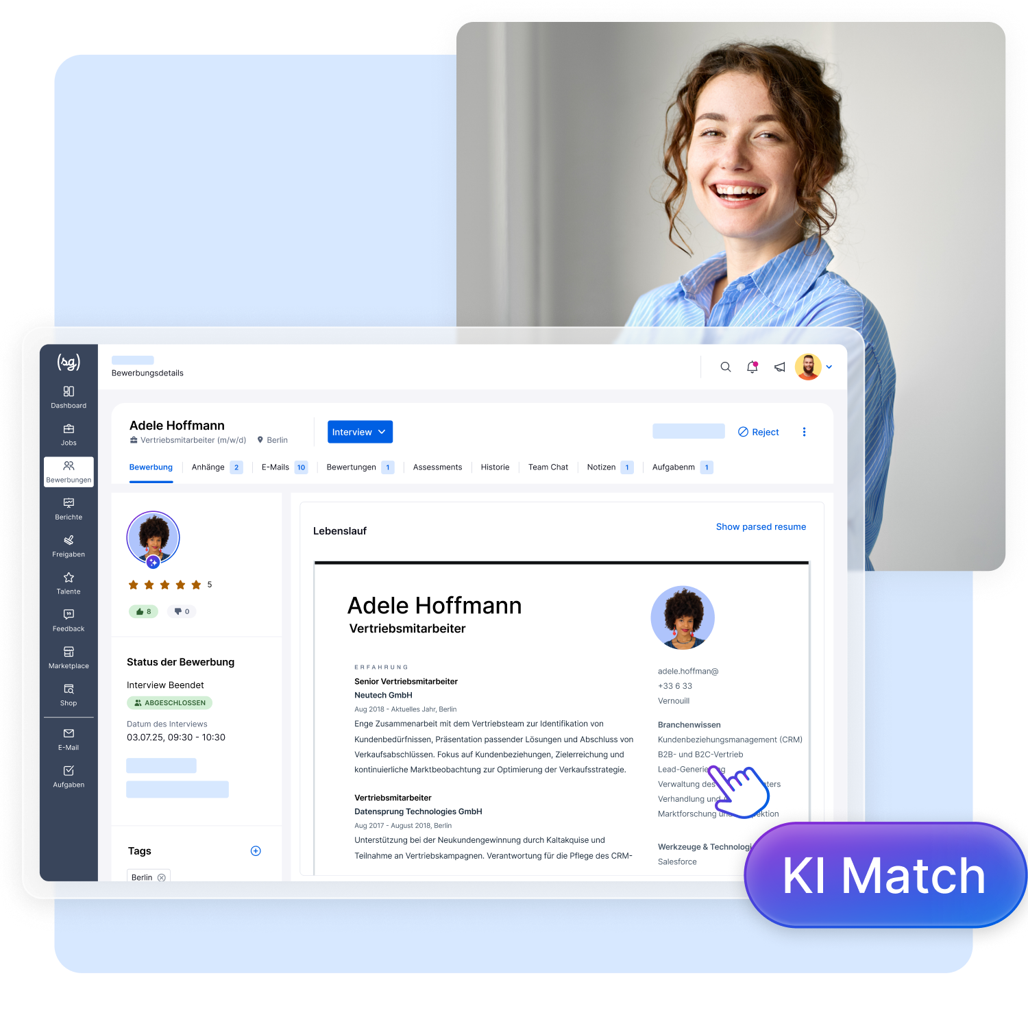 Screenshot einer Bewerbermanagement-Software mit Bewerberprofil und KI-gestütztem Match