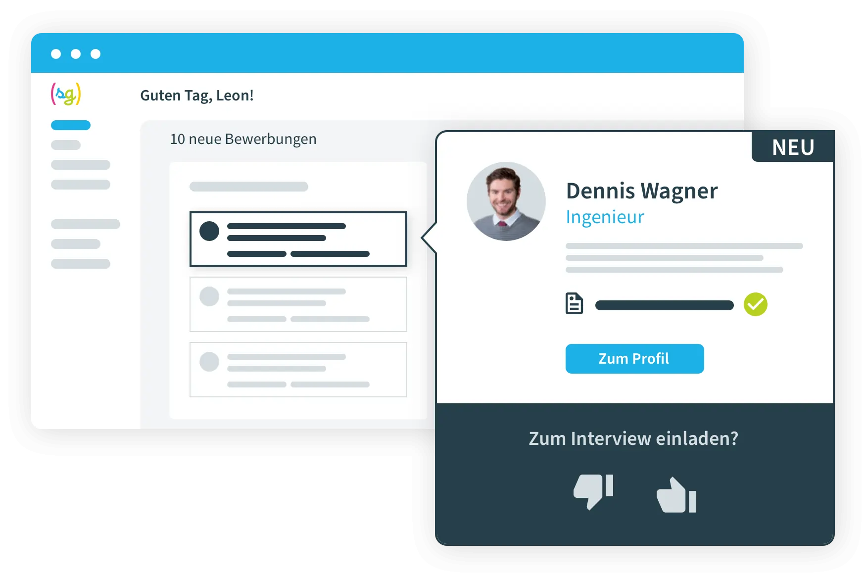 Benutzerprofil mit Bewerberdetails und Einladung zum Interview auf Softgarden Plattform