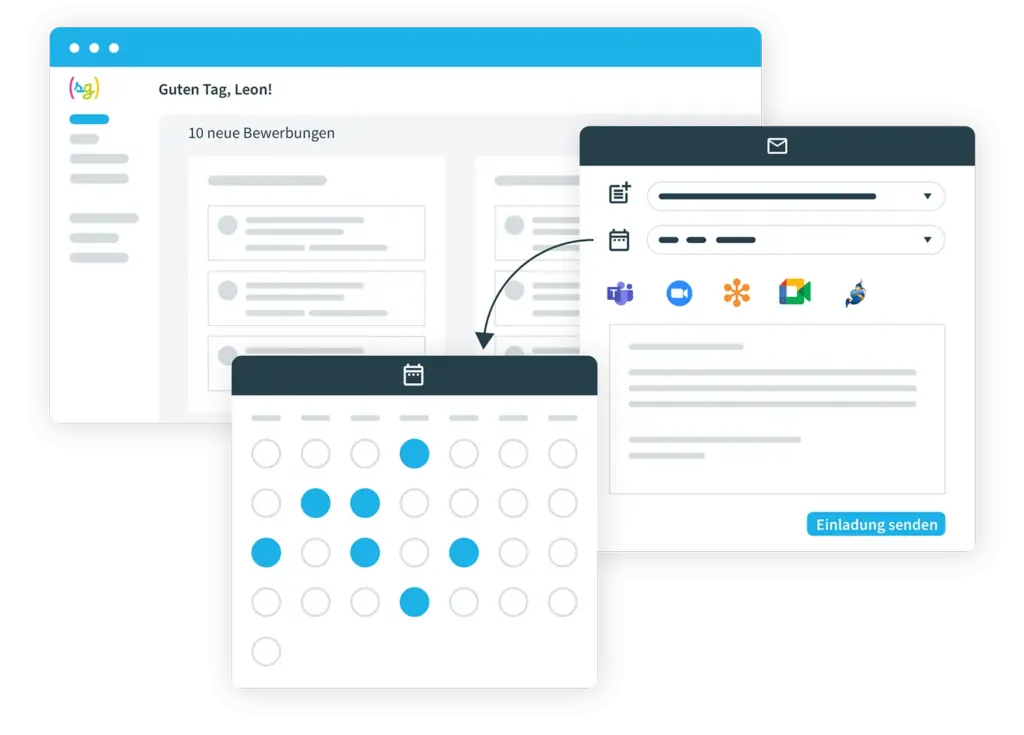 Screenshots of recruiting software with application forms, calendar, and communication tools