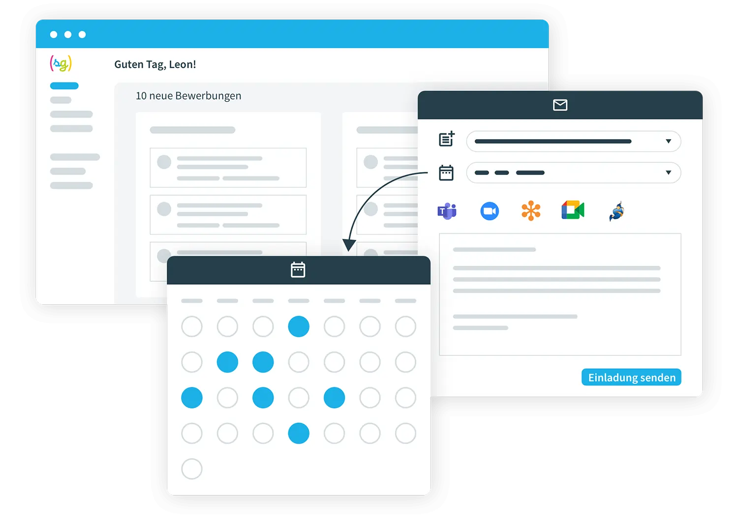 Screenshots of recruiting software with application forms, calendar, and communication tools