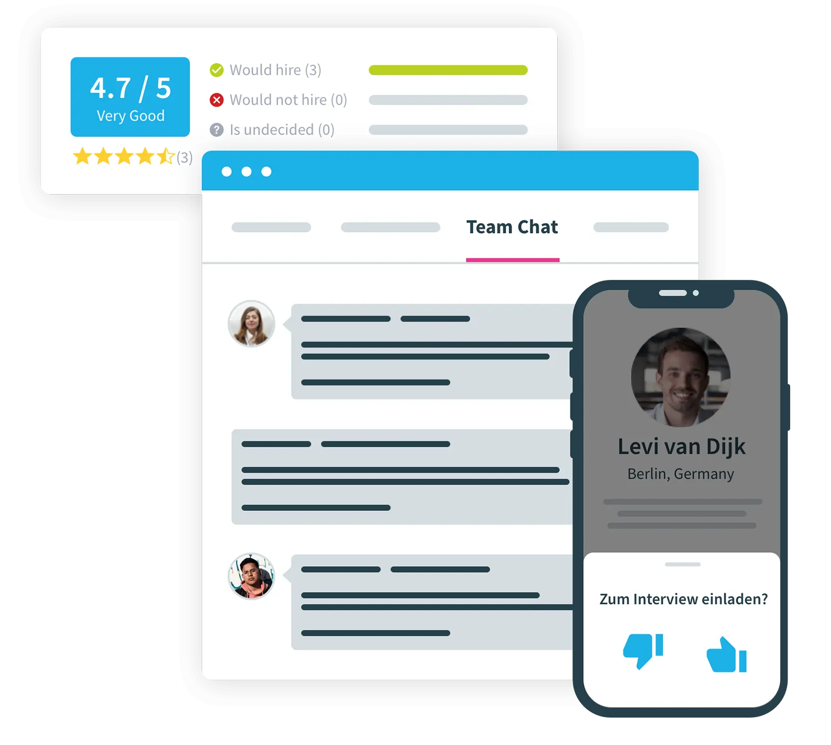 Screenshots of recruiting software with chat, candidate profile, and evaluation summary