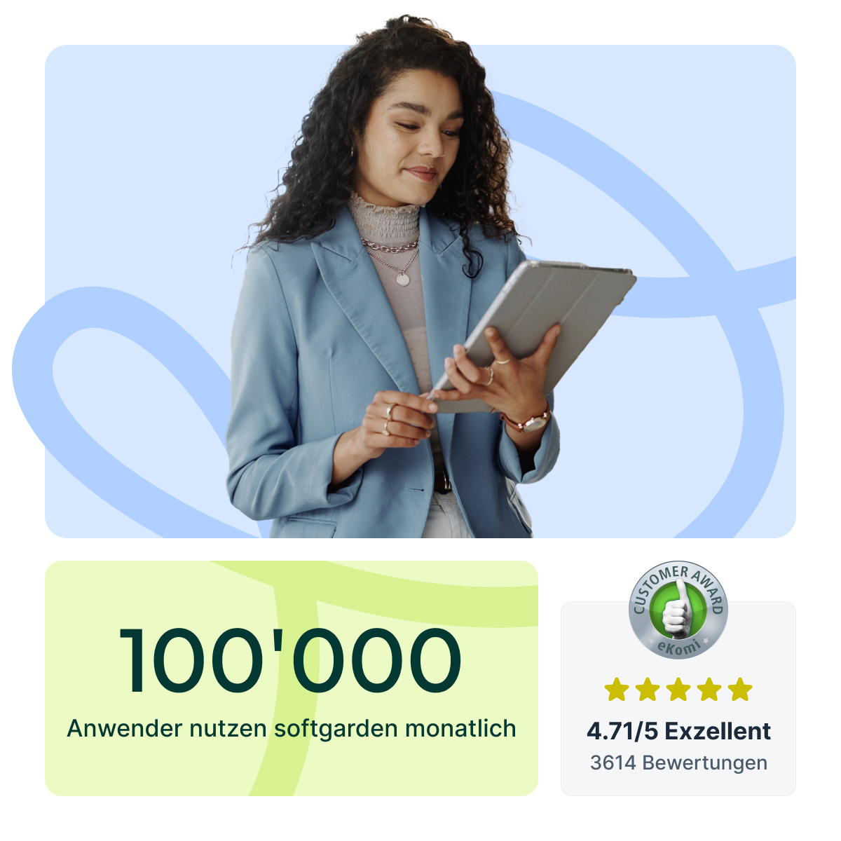 Frau mit Tablet, Werbung für softgarden mit Nutzerzahlen und Bewertung, eKomi-Gütesiegel