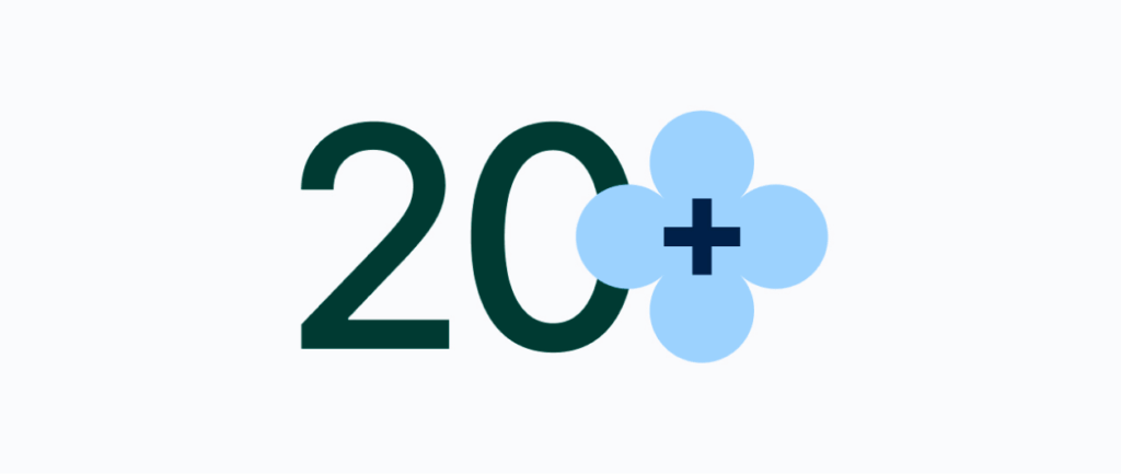Number 20 with a blue flower and plus sign overlay