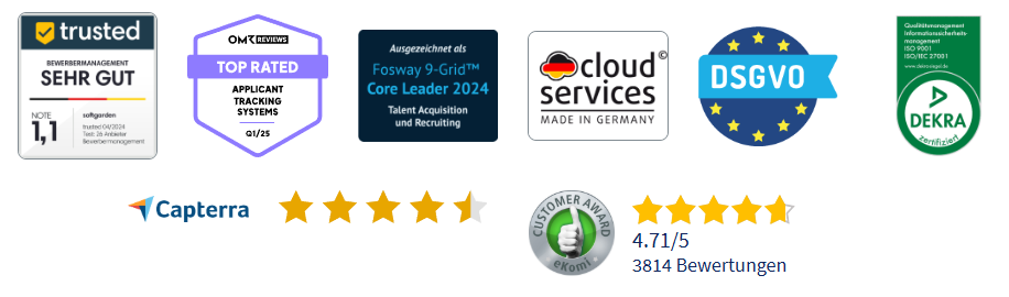 Logos of certifications, ratings, and awards for softgarden recruiting software