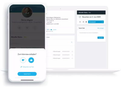 Smartphone zeigt Interview-Einladung und Bewertungsfunktion für Bewerbermanagement