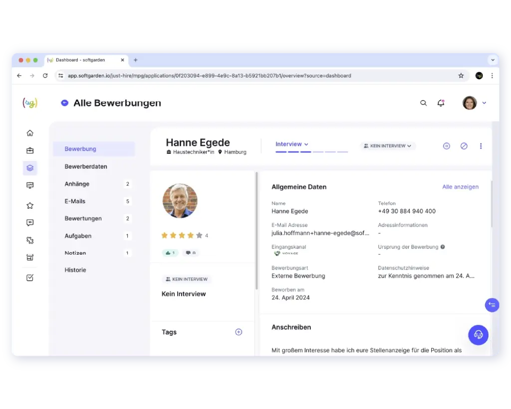 Übersichtliches Bewerberprofil in Softgarden mit Kontaktdaten, Bewertungen und Interviewstatus