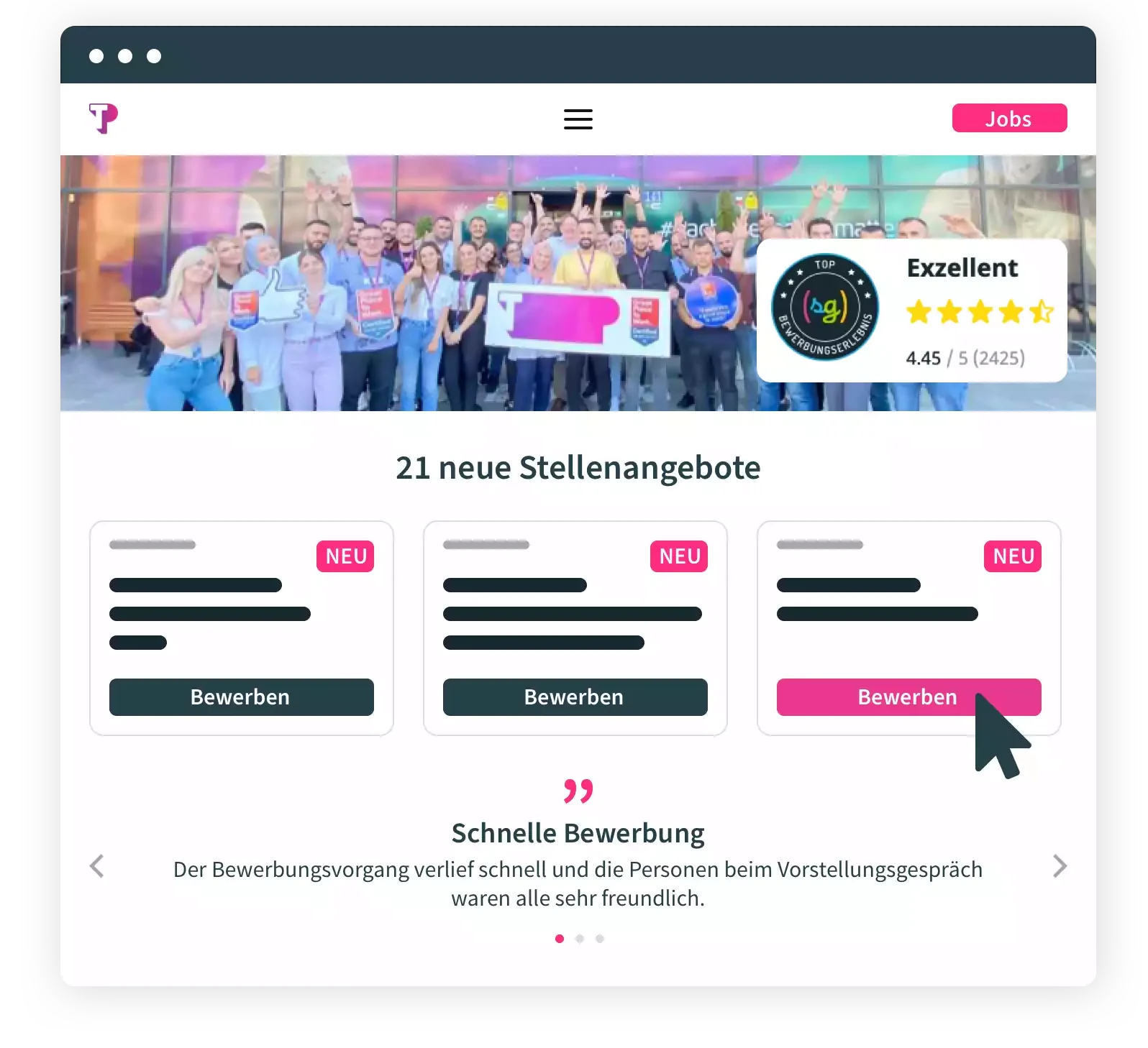 Gruppenfoto von Mitarbeitern mit Auszeichnungen und Bewertungssternen auf einer Website für Rec...