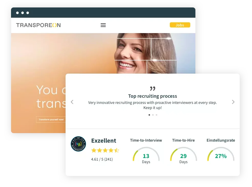 Screenshot of a website for softgarden recruiting software showing a smiling woman and an overl...